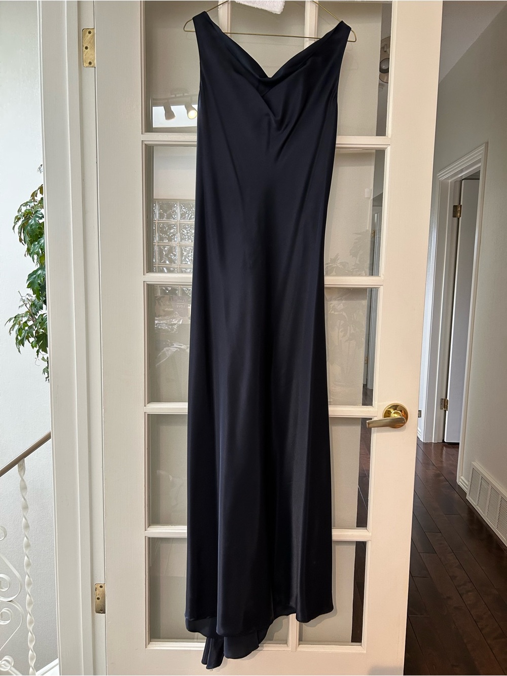 Vintage 90s Navy Satin Slip Dress Maxi Bias Cut Minimalist Cowl Neck Prom Formal